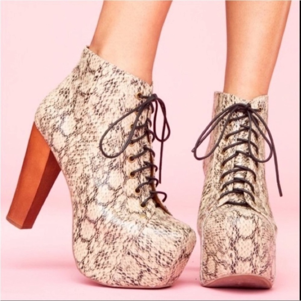 Jeffrey Campbell Snake Print Lace-Up Platform Booties in Beige and Brown